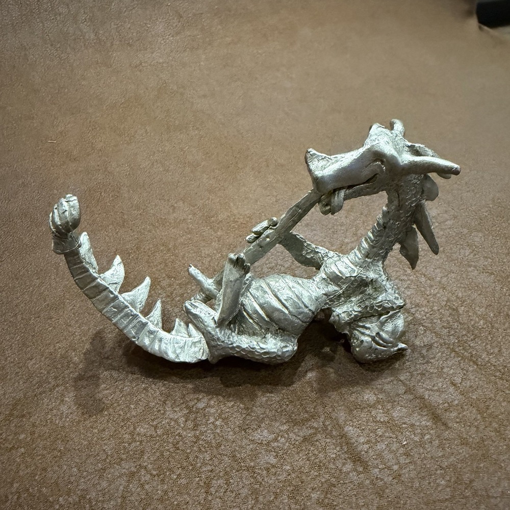 Pewter Dragon Figurine Holding Sword Fantasy Mythical Creature Statue 4.5"